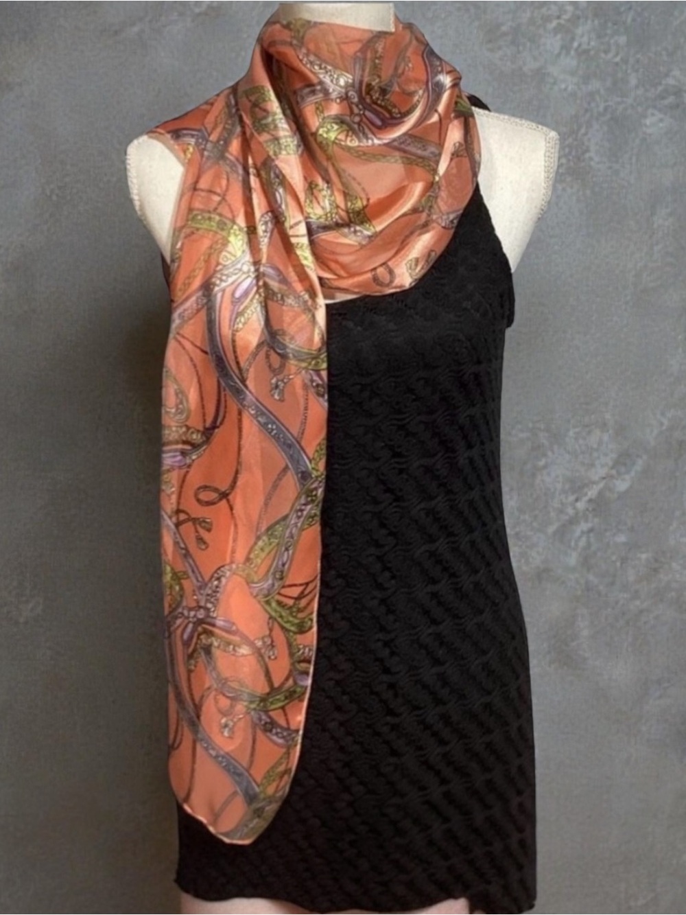 Vintage Orange Green Blue & White Ribbon & Rope Patterned Striped Silk Scarf